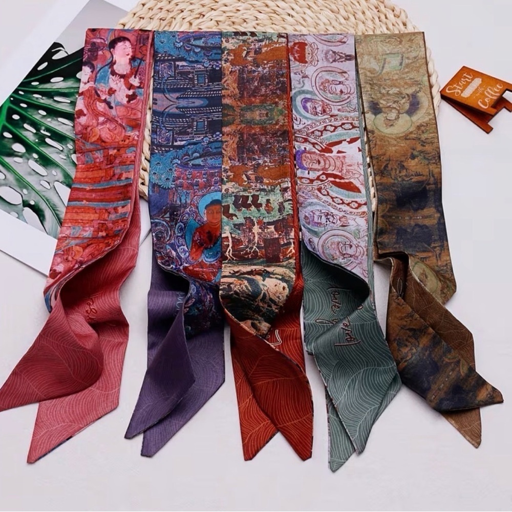 Set of 5 Art Print Twilly Scarves | Silk Feel Twillies | Bag Scarves